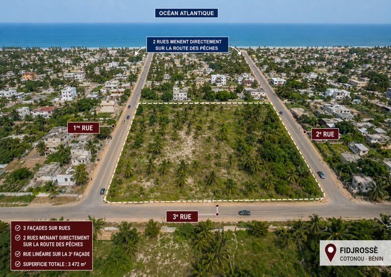 Terrain de 3 472 m² avec titre foncier à vendre à Fidjrossè, Cotonou – Proche de la plage